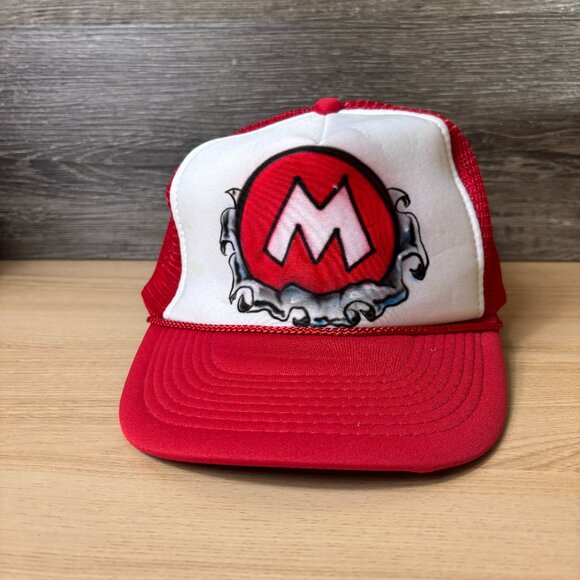 Vintage Mario Hat Cap Snapback Red Trucker Airbrush 90s - Picture 1 of 9